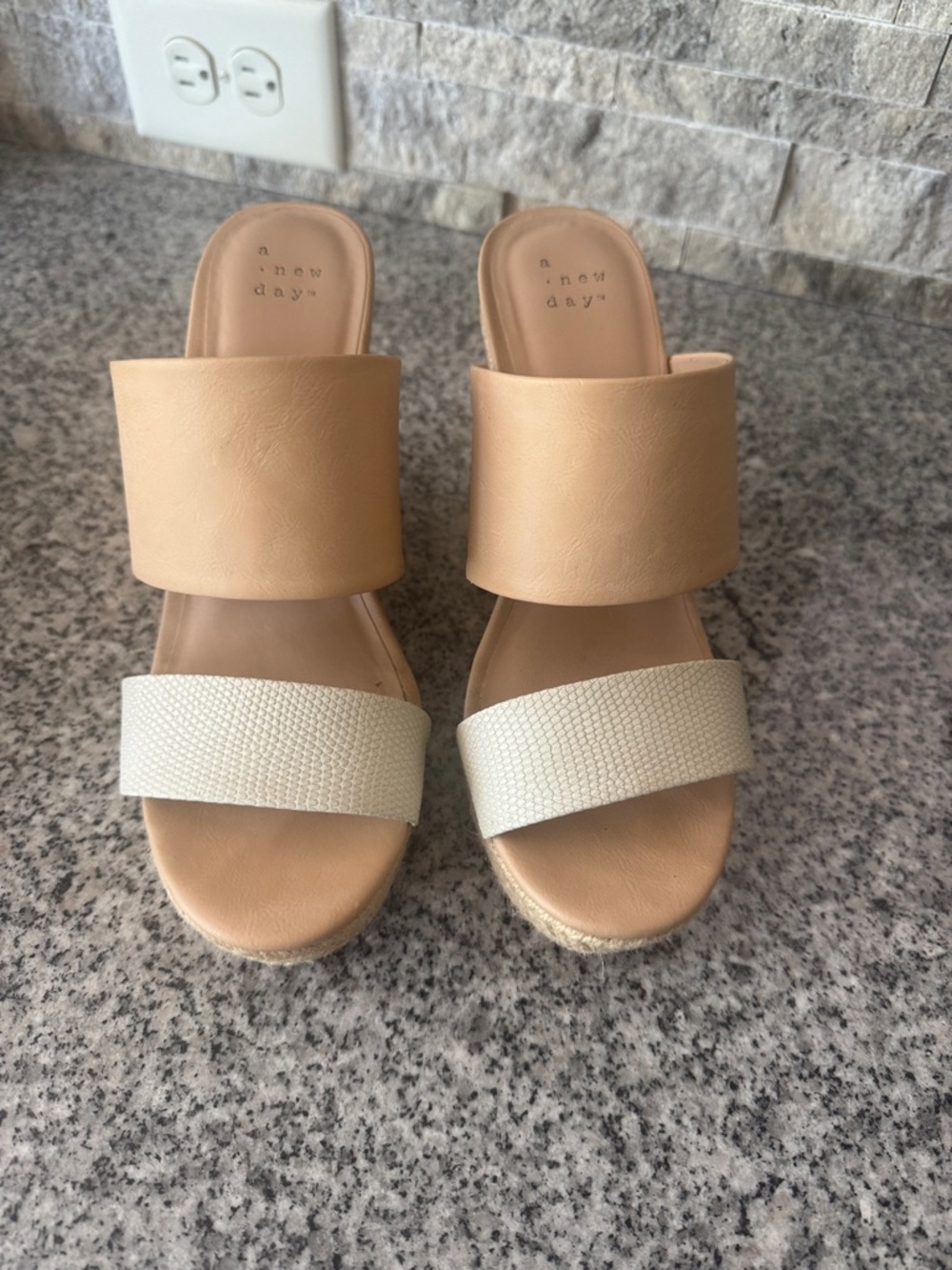 Beige and Cream Two-Band Slide Wedges - Size 7.5 - NWT